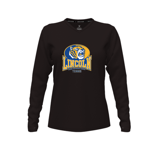 [CUS-DFW-TEES-CMF-VNK-LSL-BLK-FYXS-LOGO3] Decker Comfort T-Shirt (Female Youth XS, Black, V Neck, Logo 3, Long Sleeve)