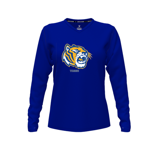 [CUS-DFW-TEES-CMF-VNK-LSL-RYL-FYXS-LOGO2] Decker Comfort T-Shirt (Female Youth XS, Royal, V Neck, Logo 2, Long Sleeve)