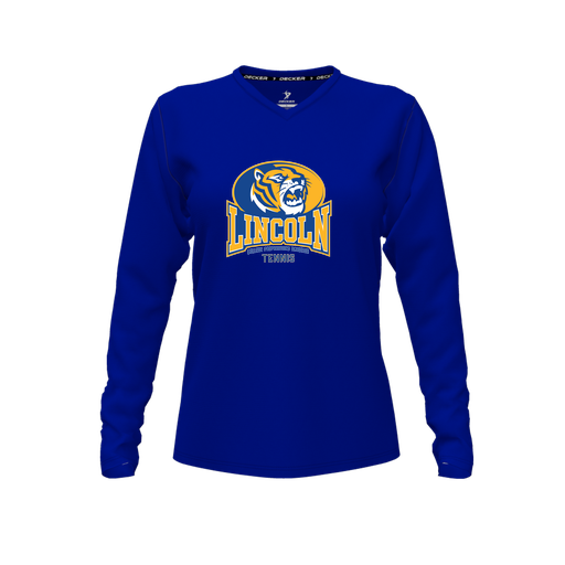 [CUS-DFW-TEES-CMF-VNK-LSL-RYL-FYXS-LOGO3] Decker Comfort T-Shirt (Female Youth XS, Royal, V Neck, Logo 3, Long Sleeve)