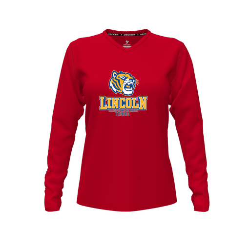 [CUS-DFW-TEES-CMF-VNK-LSL-RED-FYXS-LOGO1] Decker Comfort T-Shirt (Female Youth XS, Red, V Neck, Logo 1, Long Sleeve)