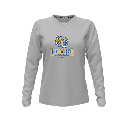 [CUS-DFW-TEES-CMF-VNK-LSL-GRY-FYXS-LOGO1] Decker Comfort T-Shirt (Female Youth XS, Gray, V Neck, Logo 1, Long Sleeve)