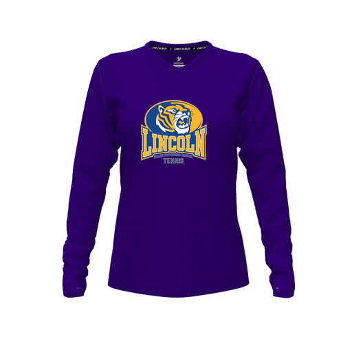 [CUS-DFW-TEES-CMF-VNK-LSL-PUR-FYXS-LOGO3] Decker Comfort T-Shirt (Female Youth XS, Purple, V Neck, Logo 3, Long Sleeve)