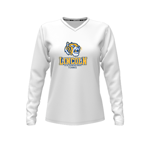 [CUS-DFW-TEES-PER-VNK-LSL-WHT-FYXS-LOGO1] Decker Performance T-Shirt (Female Youth XS, White, V Neck, Logo 1, Long Sleeve)