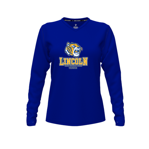 [CUS-DFW-TEES-PER-VNK-LSL-RYL-FYXS-LOGO1] Decker Performance T-Shirt (Female Youth XS, Royal, V Neck, Logo 1, Long Sleeve)