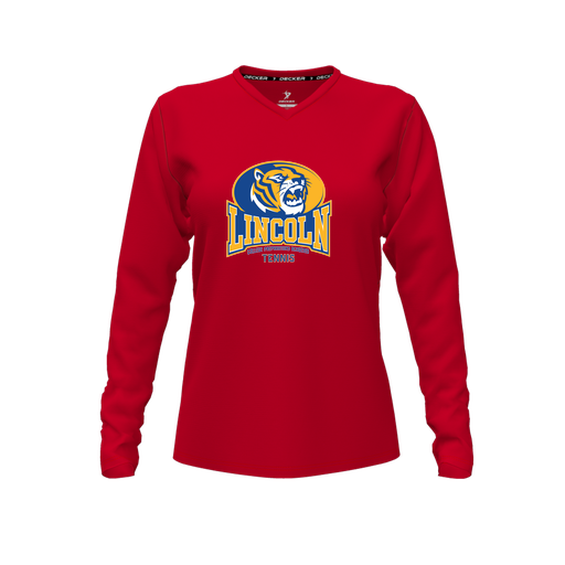 [CUS-DFW-TEES-PER-VNK-LSL-RED-FYXS-LOGO3] Decker Performance T-Shirt (Female Youth XS, Red, V Neck, Logo 3, Long Sleeve)